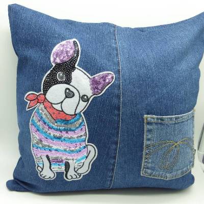 Kissenhülle French Bulldog Liebe, Jeans Upcycling, Unikat hessmade
