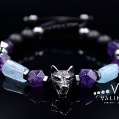 Herren Armband aus Edelsteinen Amethyst Aquamarin Onyx Hämatit mit Wolfskopf, Makramee Armband, Geschenk für Mann, 10 mm
