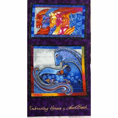 Panel mit Pferden in Bewegung in kräftigen blau, lila Farbtönen von der Designerin Laurel Burch.