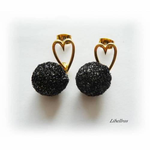 1 Paar Ohrstecker mit Titanstift als Herz mit Glitter PomPom - Ohrringe,Geschenk,Weihnachten,edel,elegant,schwarz,goldfa