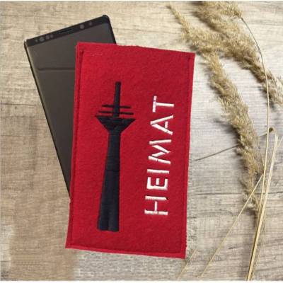 Smartphonehülle bestickt mit RHEINTURM und Schriftzug HEIMAT / Schutzhülle Handyhülle Handytasche