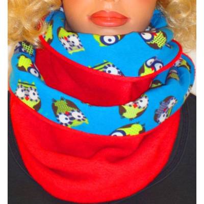 Loopschal Schlauchschal Wendeloop mit Eulen Jersey & Fleece – Kuscheliger Rundschal in Rot Blau Orange als Geschenk