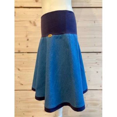blauer Jeansrock knielang und ausgestellt mit blauen Stretchbund, Tellerrock ANNA -001- Gr. S / M / L / XL