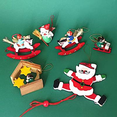 Vintage Baumschmuck: 6-teiliges Holzset mit großem Nikolaus