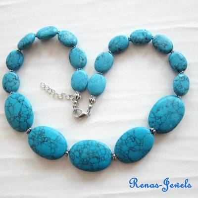 Edelstein Collier Türkis Perlen oval blau Edelsteinkette Edelstein Kette Türkiskette