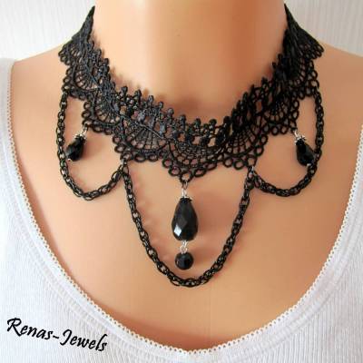 Kropfband Kropfkette schwarz silberfarben Spitze Tropfen Perlen Gothic Halsband Choker Kette