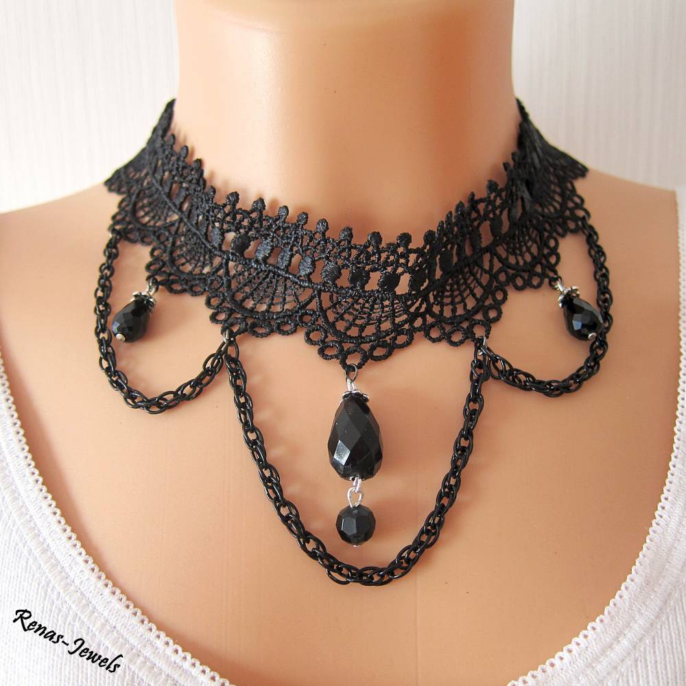 Kropfband Kropfkette schwarz silberfarben Spitze Tropfen Perlen Gothic  Halsband Choker Kette