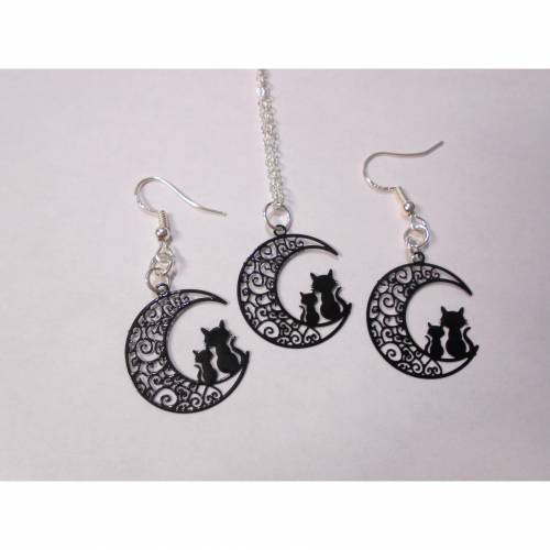 Schmuckset Filigraner Halbmond mit Katze Halskette und Ohrhänger 925 oder versilbert 