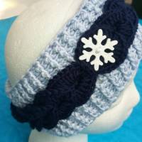 Stirnband gehäkelt hell-/dunkelblau mit Schneeflocke Handmade 48-56 cm