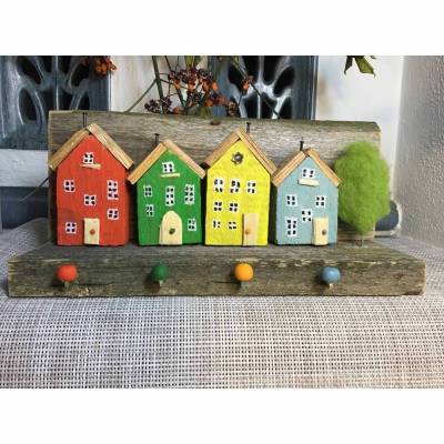 Schlüsselbrett, Hakenleiste, Handtuchhalter,Schmuckhalterung  Häuser, Altholz, blau