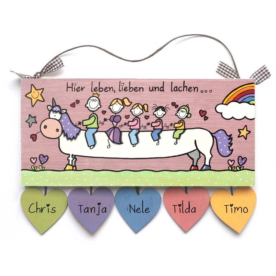 Geschenk Hauseingangsschild für die ganze Familie, Türschild aus Holz personalisiert mit Einhorn, Figuren und Namen, exklusives Holzschild / Haustürschild, einzigartiges Familiengeschenk Bild 1