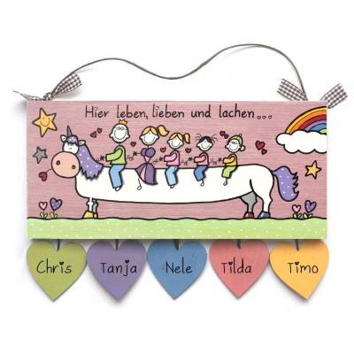 Geschenk Hauseingangsschild für die ganze Familie, Türschild aus Holz personalisiert mit Einhorn, Figuren und Namen, exklusives Holzschild / Haustürschild, einzigartiges Familiengeschenk