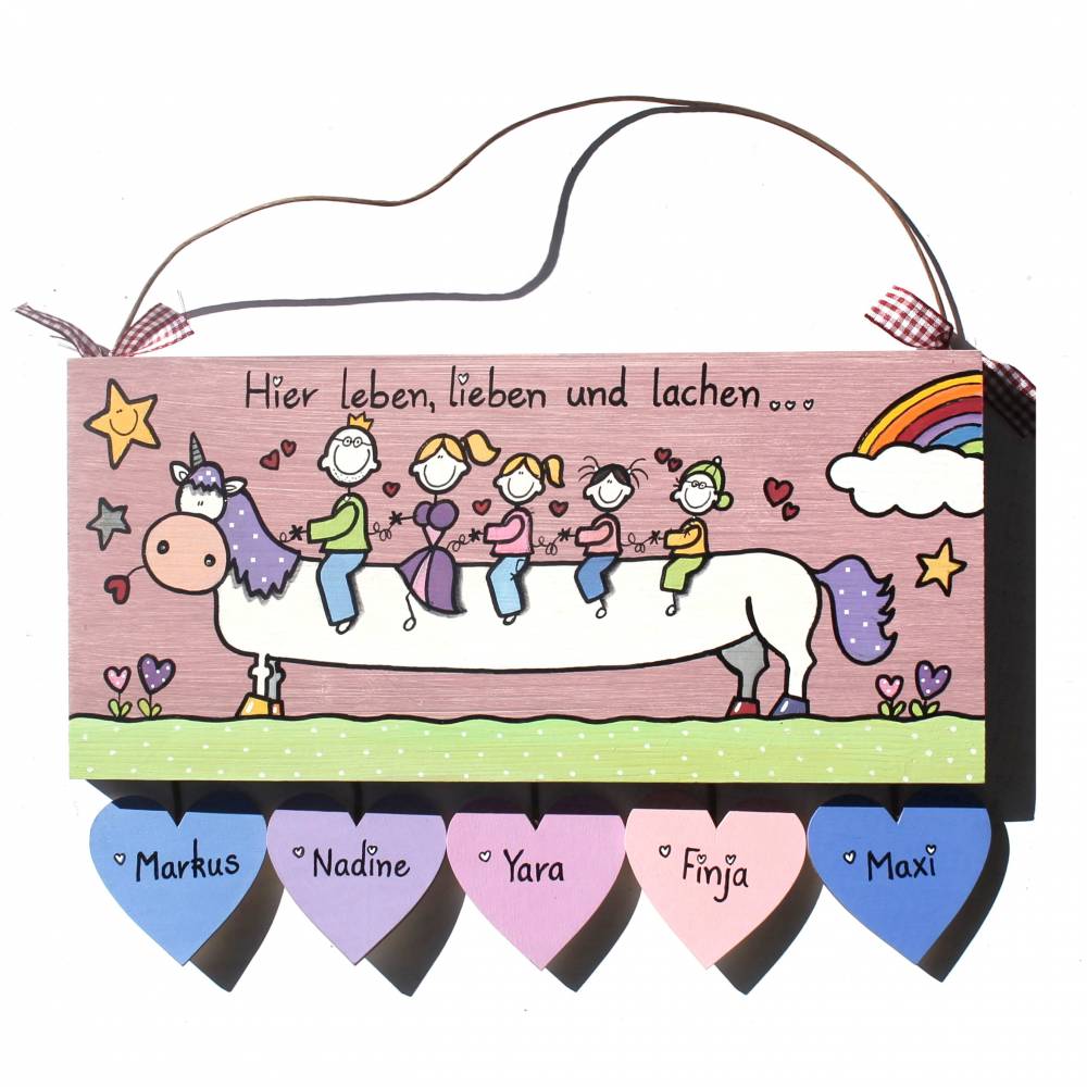 Geschenk Hauseingangsschild für die ganze Familie, Türschild aus Holz personalisiert mit Einhorn, Figuren und Namen, exklusives Holzschild / Haustürschild, einzigartiges Familiengeschenk Bild 2