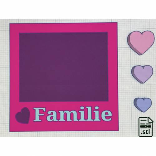 STL-Datei Shaker Fotorahmen mit Schriftzug Familie und Shaker Bits Herzen