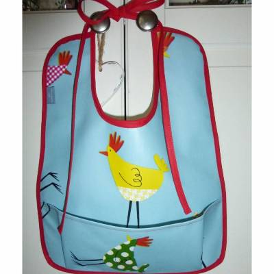 Lätzchen mit Auffangtasche 'verrückte Hühner', Wachstuch, abwaschbar, wasserfest, für Kinder + Erwachsene, 