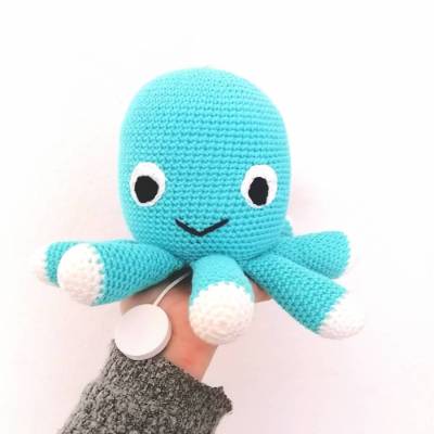 Spieluhr gehäkelt, Octopus / Krake, Blau, Melodieauswahl, Wasserdicht, 100 % Baumwolle