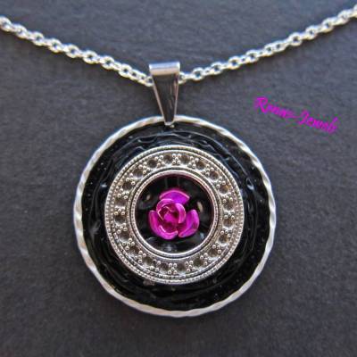 Kette kurz mit Upcycling Anhänger Rose schwarz pink silberfarben Halskette