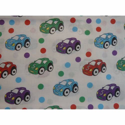 9,70 EUR/m Stoff Baumwolle - bunte Autos & Punkte, Fahrzeuge auf weiß