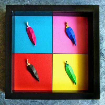 Chilis á la Warhol // 3D-Wandbild aus Origami im Objektrahmen