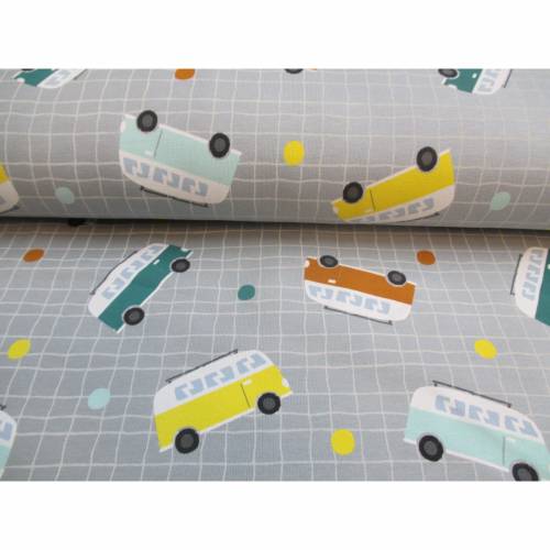 French Terry Baumwolljersey angeraut Bus Bulli grau (1m/14,-€)