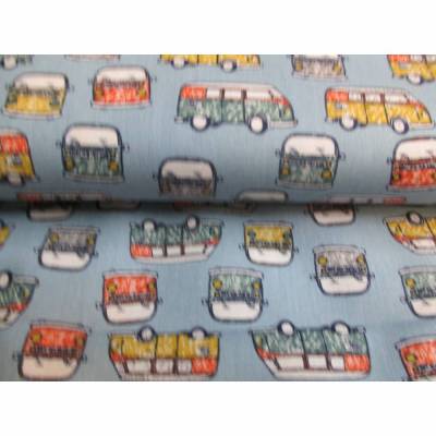 Rest: 1,15 m x 1,40m Baumwolle Baumwollstoff Bus, Bulli, Autos hellblau  Oeko-Tex® 