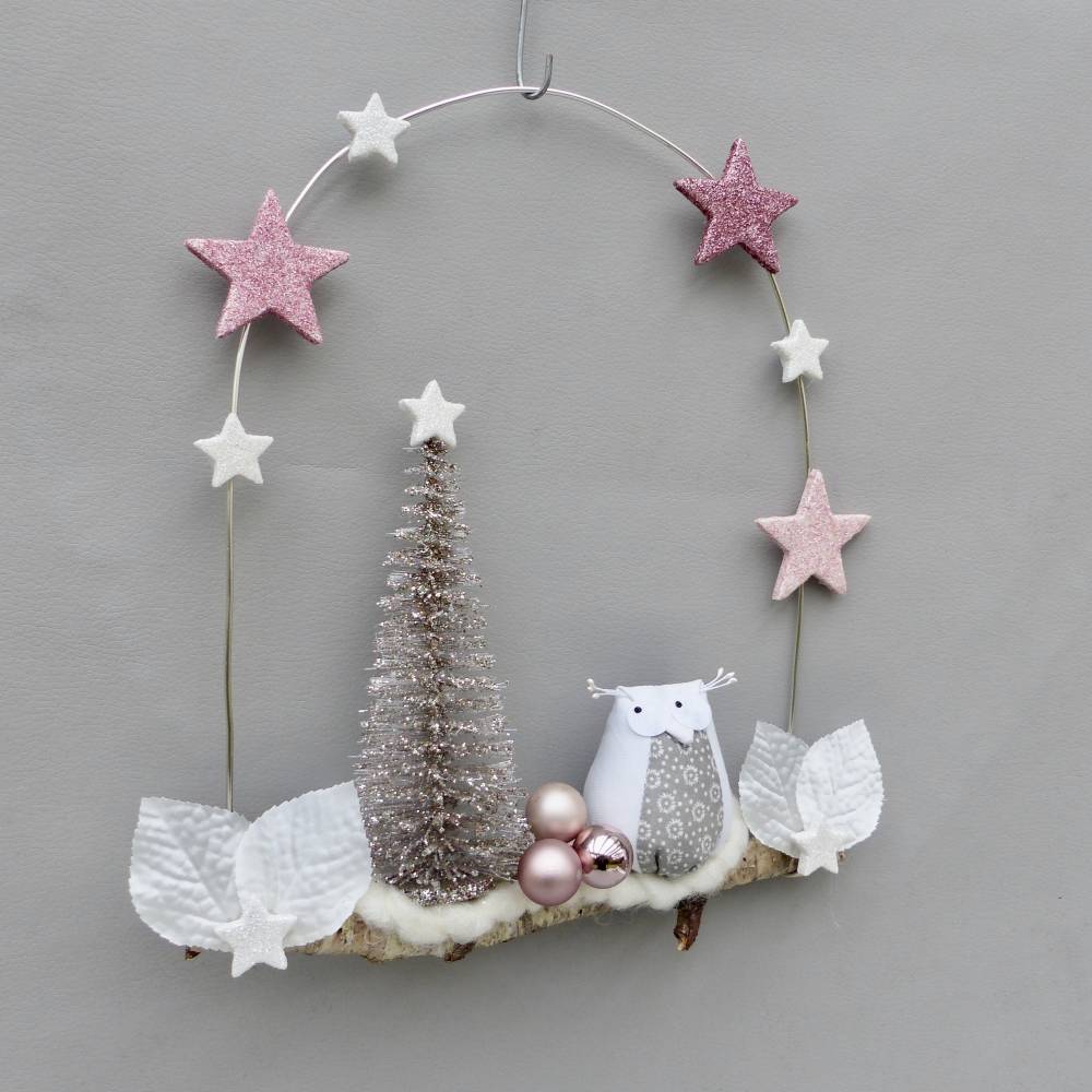 Türkranz* mit Eule und Tanne auf Ast, rosa-weiß Weihnachts-Fensterdeko für den Advent Bild 3