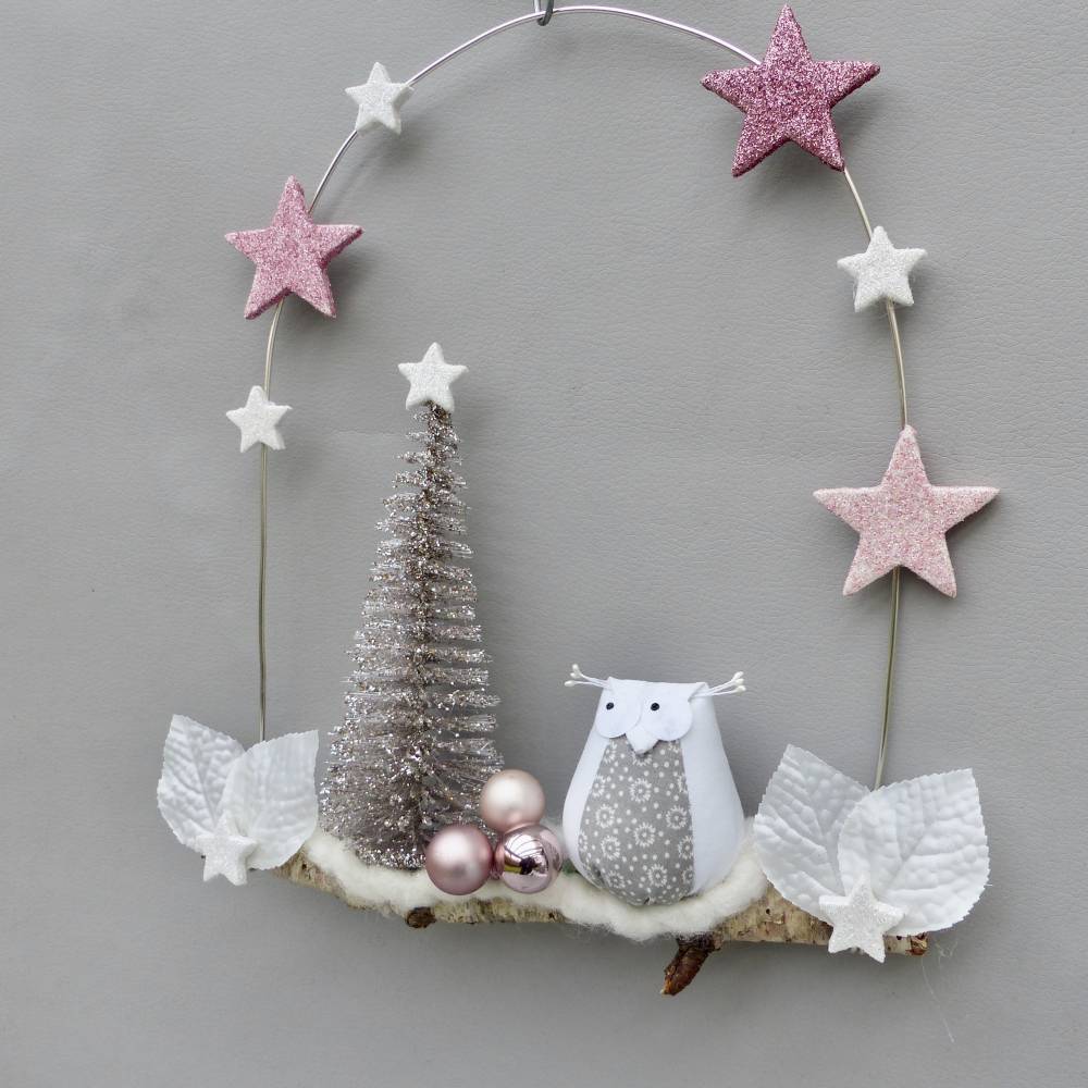 Türkranz* mit Eule und Tanne auf Ast, rosa-weiß Weihnachts-Fensterdeko für den Advent Bild 4