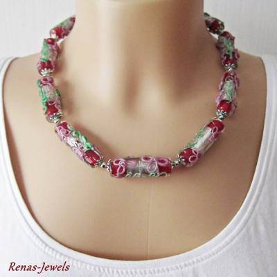 Glaskette Collier Lampwork Glasperlen rot grün rosa silberfarben Glas Kette Glasperlenkette handgefertigt