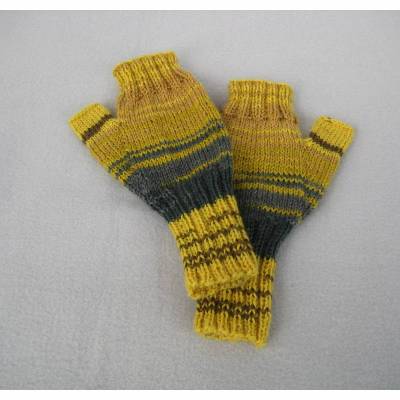 Pulswärmer mit Daumen  handgestrickt Armstulpen Fausthandschuhe ohne Kuppen  Gelb Grau Braun Größe M
