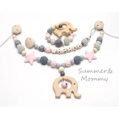 Kinderwagenkette Wagenkette einzeln oder als Spar Set Grau natur Holz Elefant Greifling Schnullerkette