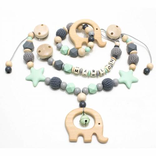 Kinderwagenkette Wagenkette einzeln oder als Spar Set Grau natur Holz Elefant Greifling Schnullerkette