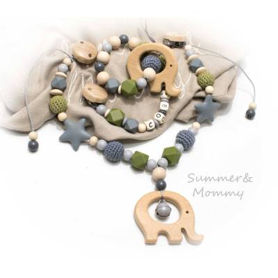 Kinderwagenkette Wagenkette einzeln oder als Spar Set Grau natur Holz Elefant Greifling Schnullerkette