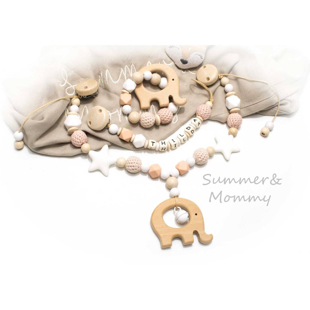 Kinderwagenkette Wagenkette einzeln oder als Spar Set Grau natur Holz Elefant Greifling Schnullerkette Mädchen apricot Bild 1