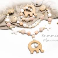 Kinderwagenkette Wagenkette einzeln oder als Spar Set Grau natur Holz Elefant Greifling Schnullerkette Mädchen apricot