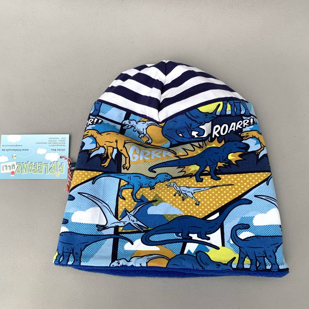 Kinder-Winter-Mütze, Long-Beanie mit Dino, warme Wendebeanie, Jersey mit Fleece gefüttert, Gr 53/54/55/56/57cm Bild 10