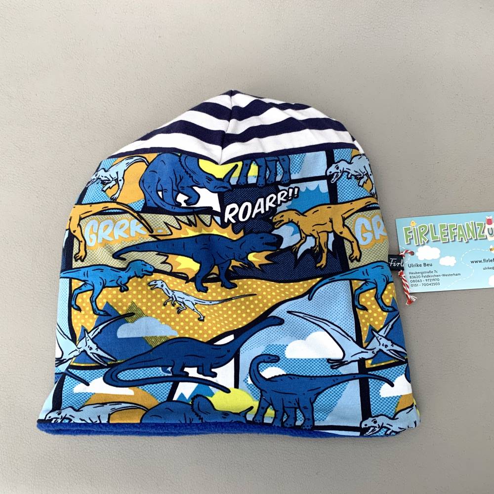Kinder-Winter-Mütze, Long-Beanie mit Dino, warme Wendebeanie, Jersey mit Fleece gefüttert, Gr 53/54/55/56/57cm Bild 3