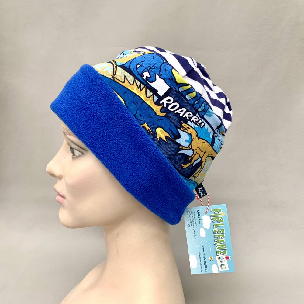 Kinder-Winter-Mütze, Long-Beanie mit Dino, warme Wendebeanie, Jersey mit Fleece gefüttert, Gr 53/54/55/56/57cm Bild 4