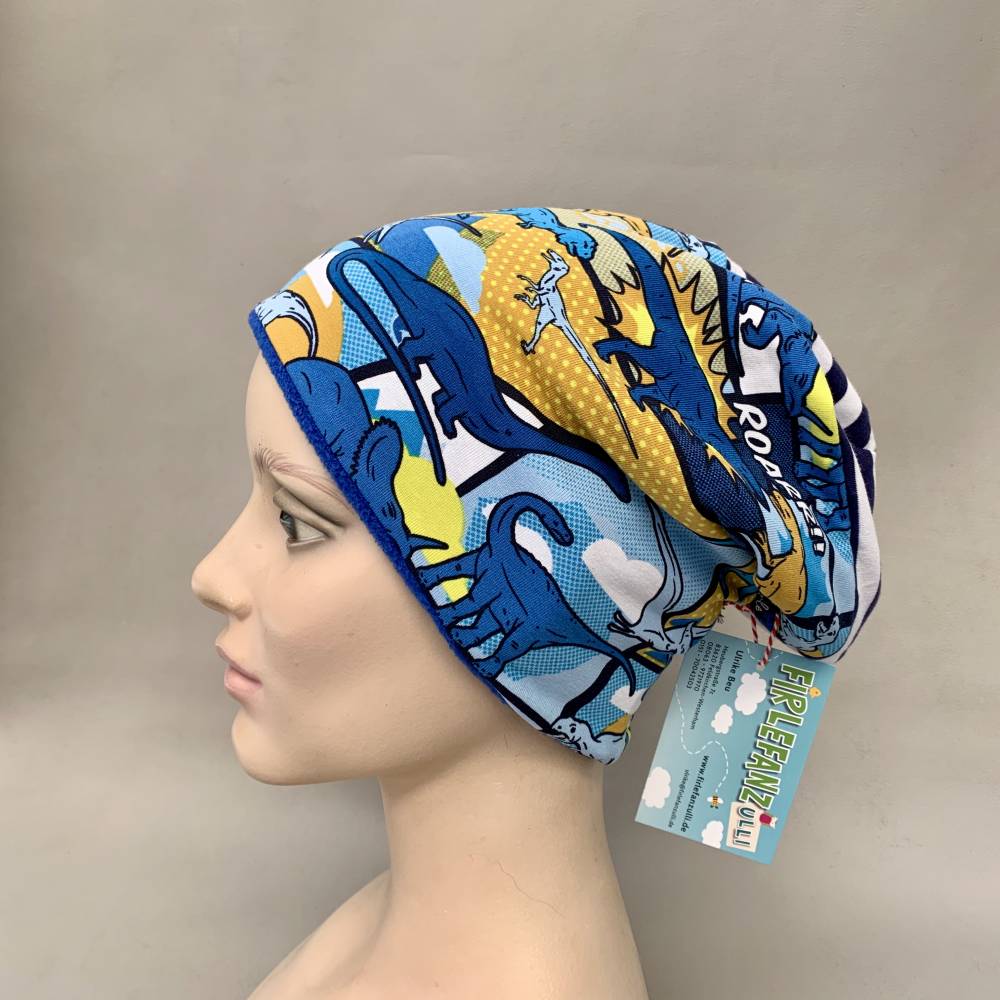 Kinder-Winter-Mütze, Long-Beanie mit Dino, warme Wendebeanie, Jersey mit Fleece gefüttert, Gr 53/54/55/56/57cm Bild 5