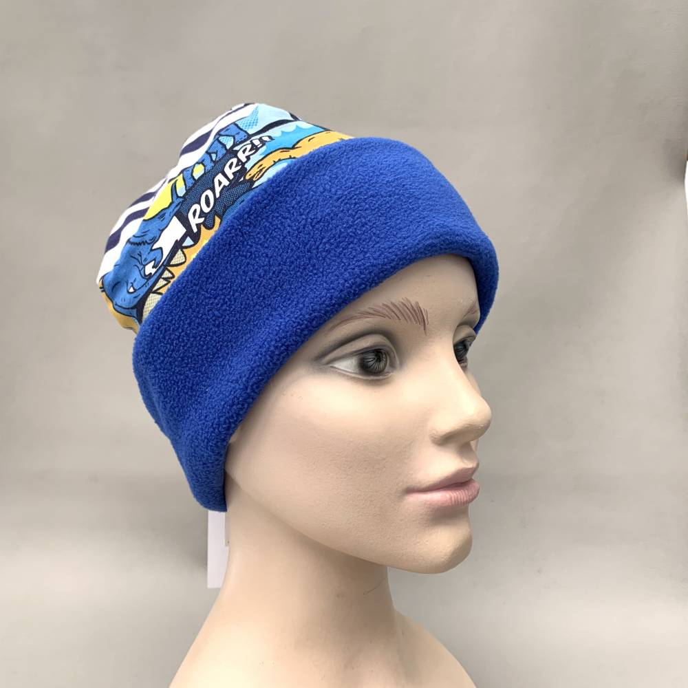 Kinder-Winter-Mütze, Long-Beanie mit Dino, warme Wendebeanie, Jersey mit Fleece gefüttert, Gr 53/54/55/56/57cm Bild 6