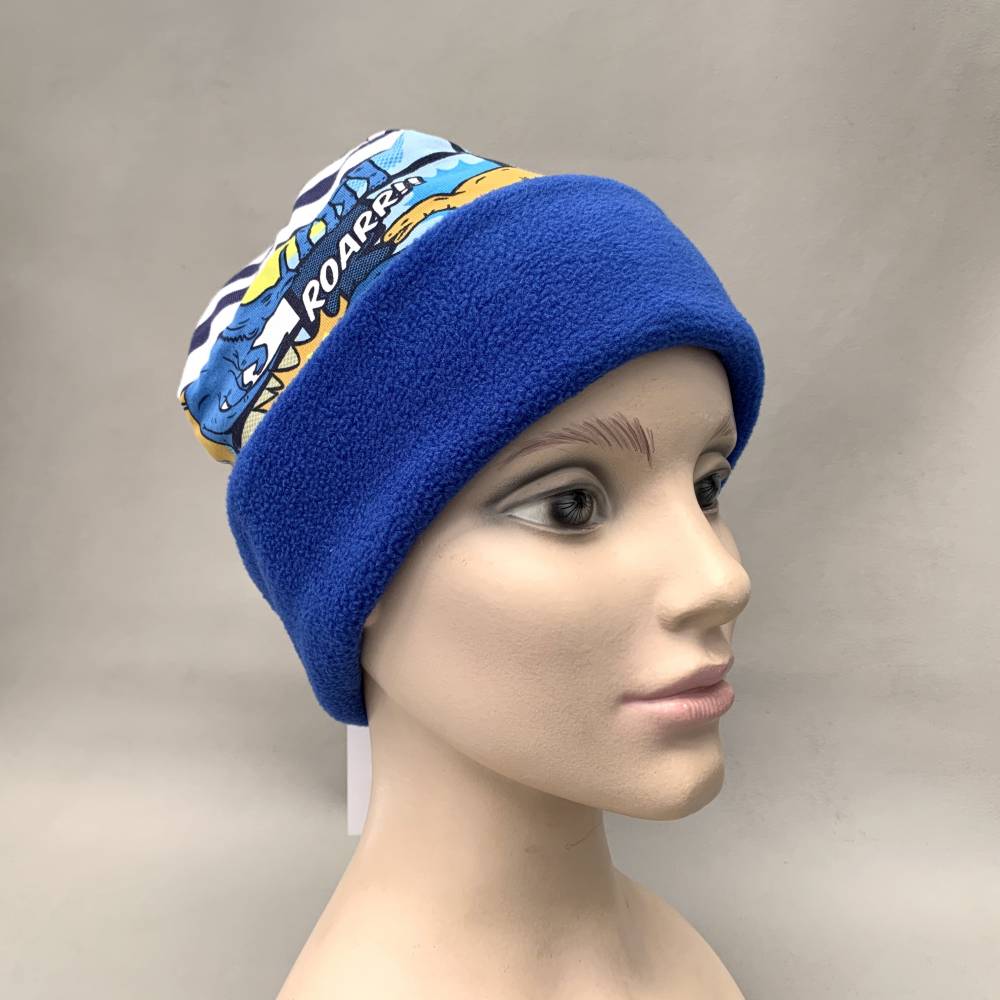 Kinder-Winter-Mütze, Long-Beanie mit Dino, warme Wendebeanie, Jersey mit Fleece gefüttert, Gr 53/54/55/56/57cm Bild 7