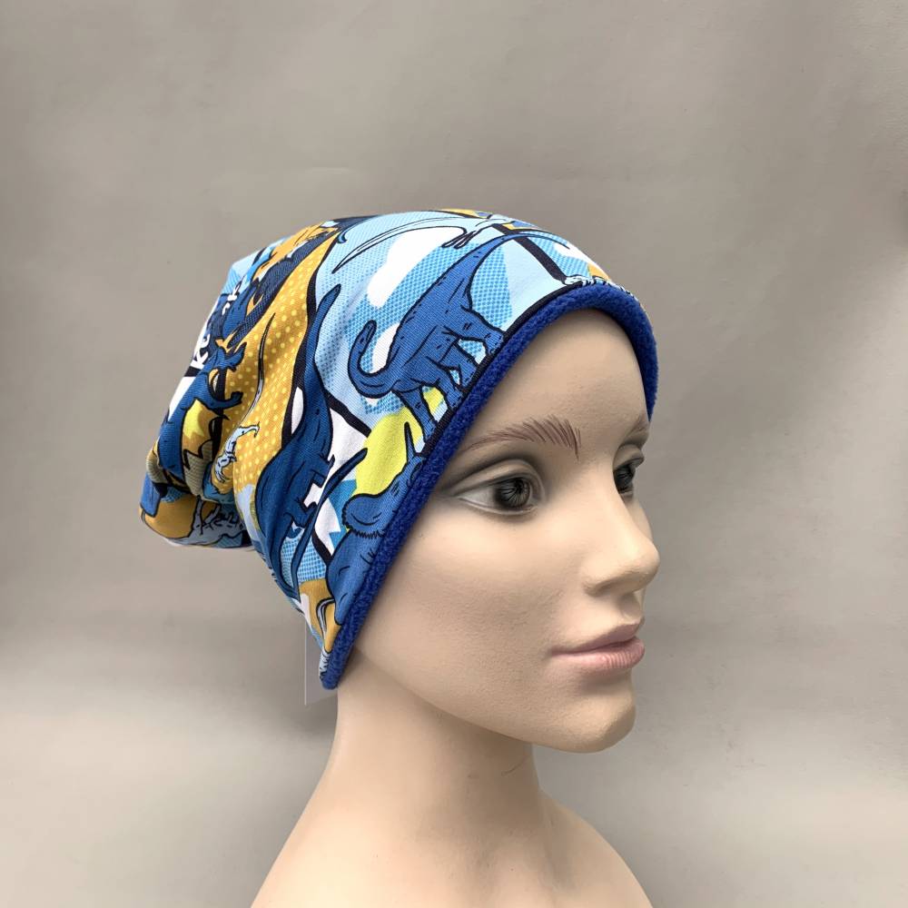 Kinder-Winter-Mütze, Long-Beanie mit Dino, warme Wendebeanie, Jersey mit Fleece gefüttert, Gr 53/54/55/56/57cm Bild 8