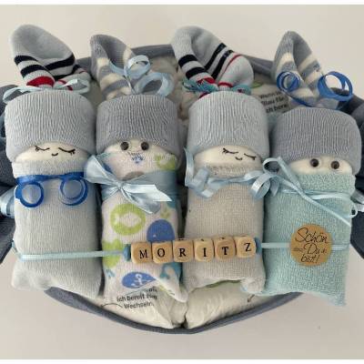 Personalisierte Windeltorte Junge, Windelbabys im Tuch mit Name, Geschenk zur Geburt