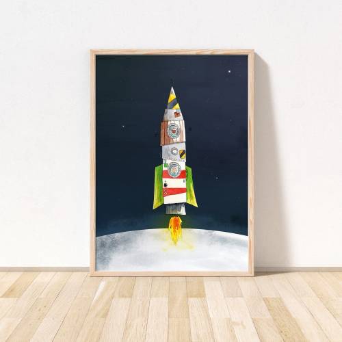 niedliches Kinderzimmer-Poster Rakete *Feuerrakete im Weltraum* umwelfreundlicher Druck