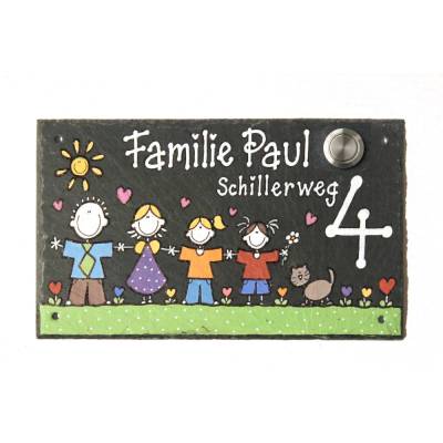 Klingelschild aus Schiefer für Familien mit Name, Adresse und Figuren personalisiert, wetterfeste Klingelplatte bunt handbemalt, individuelle Türklingel / Haustürklingel