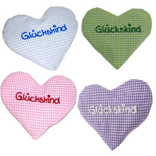 Wärmekissen Herz 15x17cm mit Spruch Glückskind - Körnerkissen in Herzform mit Rapsfüllung - verschiedene Farben