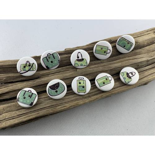 10 Holzknöpfe mit kleinen grünen Handtaschen * Koffer * Handbag * Holz * 15mm * Scrapbooking * Motivknöpfe * Kinderknöpf