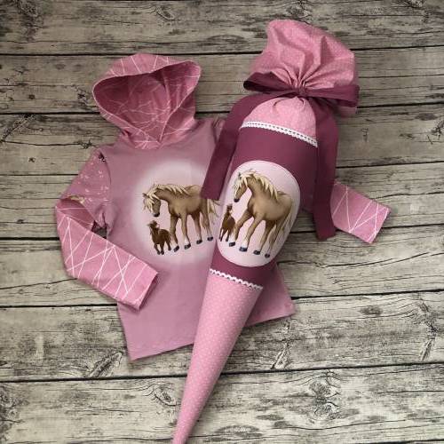 traumhaftes Set zur Einschulung Schultüte & Shirt gr.122/128 Pferde Rosa