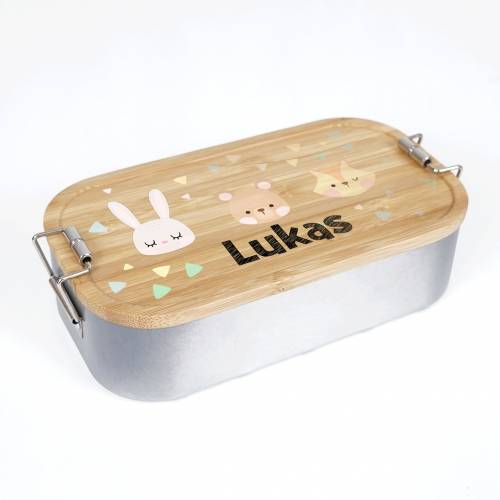 Lunchbox personalisiert, Brotdose für Kinder bedruckt mit Name, Brotbox für Kindergarten, Edelstahldose mit Bambusdeckel