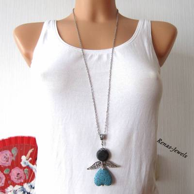 Edelsteinkette lang Schutzengel Anhänger Lava Herz blau schwarz Schutzengelkette Edelstein Kette Engel