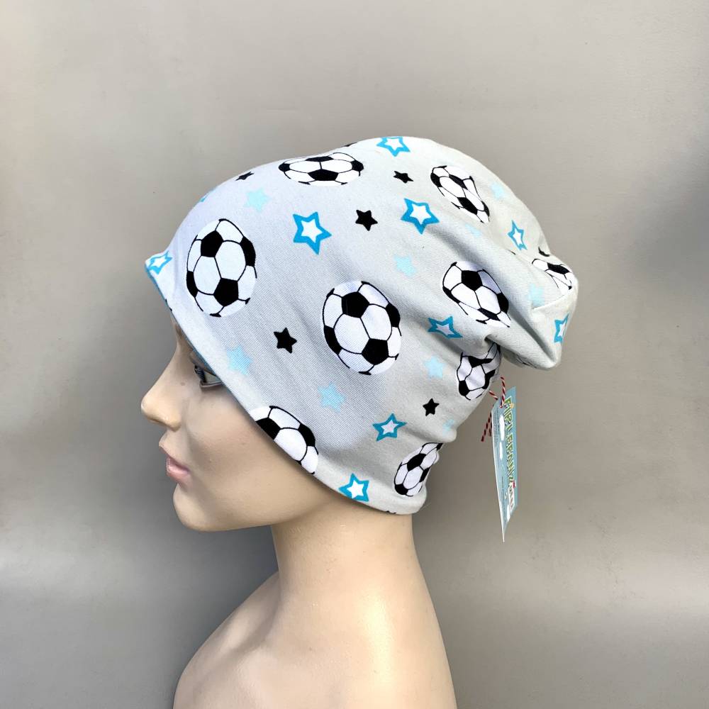 Kinder-Winter-Mütze, Long-Beanie für Jungs mit Fußball, warme Wendebeanie, Jersey mit Fleece gefüttert, Gr 53/54/55/56/5 Bild 1